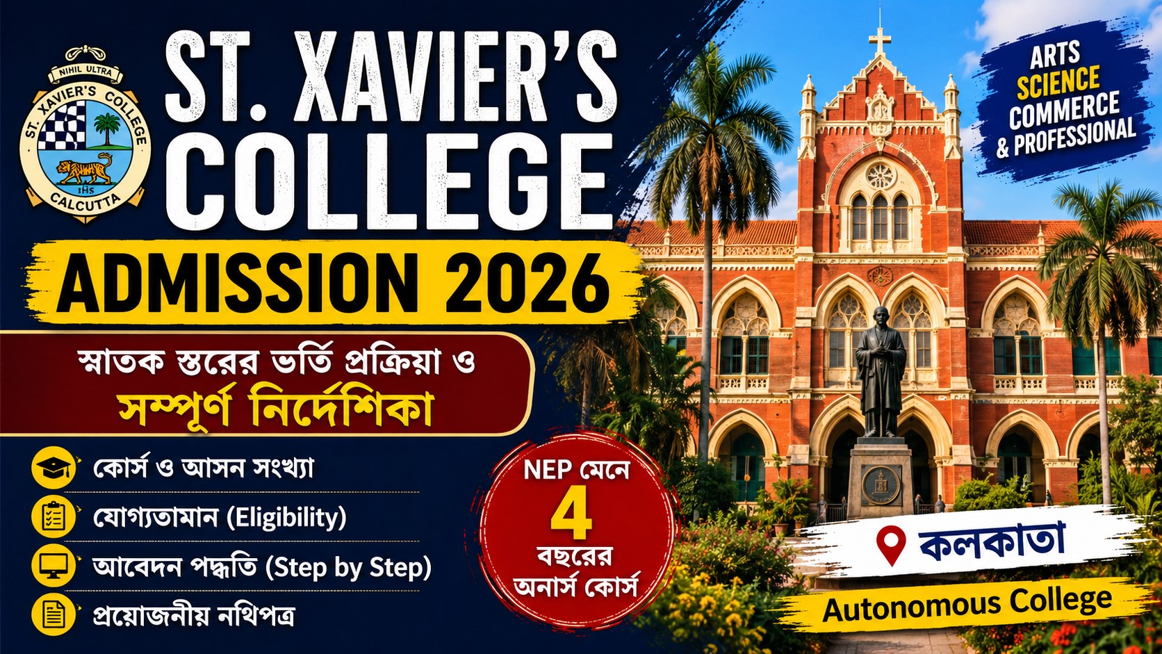 St. Xavier’s College 2026 UG Admission : আবেদন পদ্ধতি, আসন সংখ্যা ও মেধা তালিকা সংক্রান্ত সম্পূর্ণ তথ্য ও গাইডলাইন