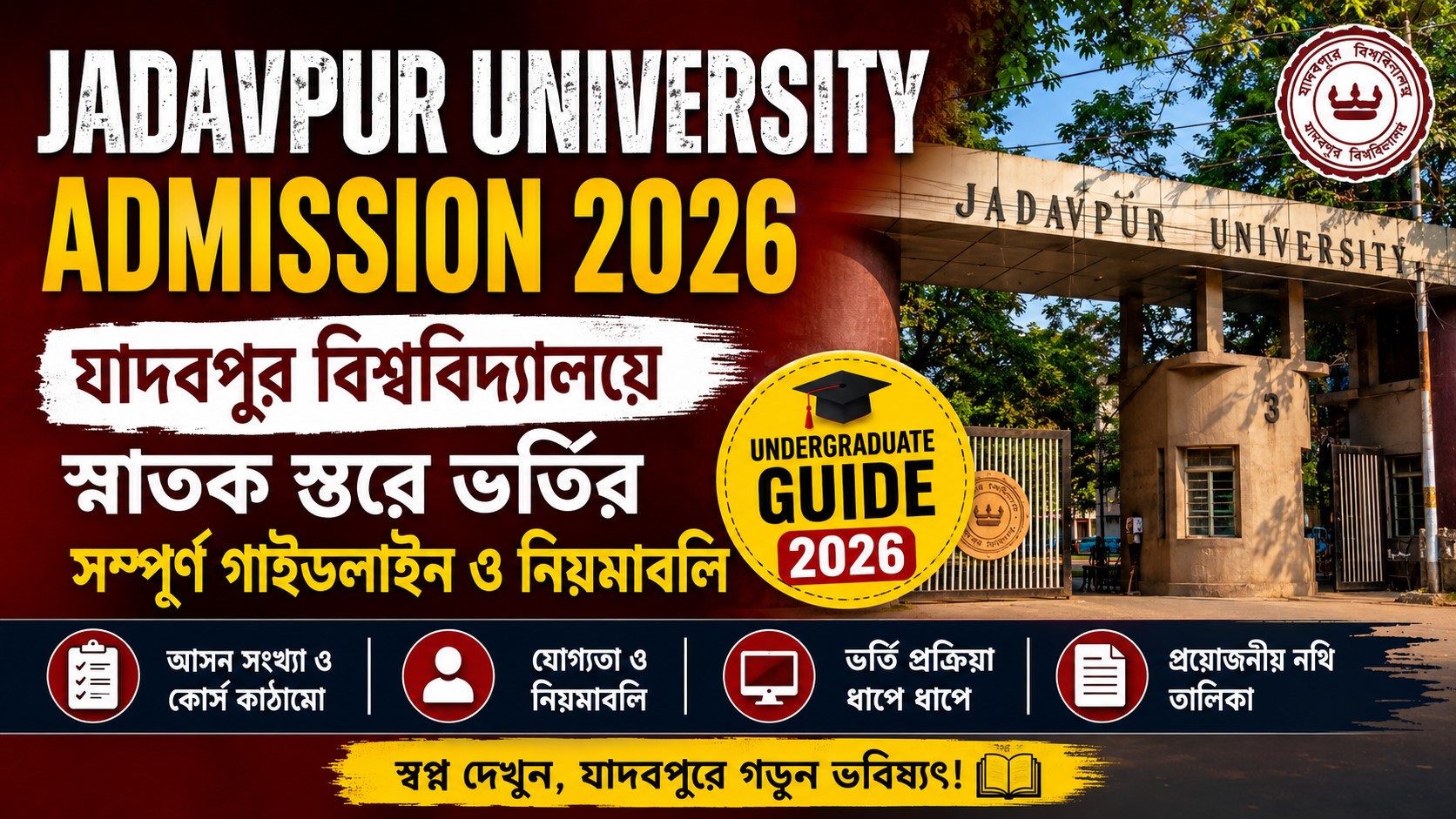 Jadavpur University 2026 UG Admission : যাদবপুর বিশ্ববিদ্যালয়ে স্নাতক স্তরে ভর্তির গাইডলাইন এবং আবেদন করার সম্পূর্ণ পদ্ধতি দেখে নিন ও ডাউনলোড করুন।