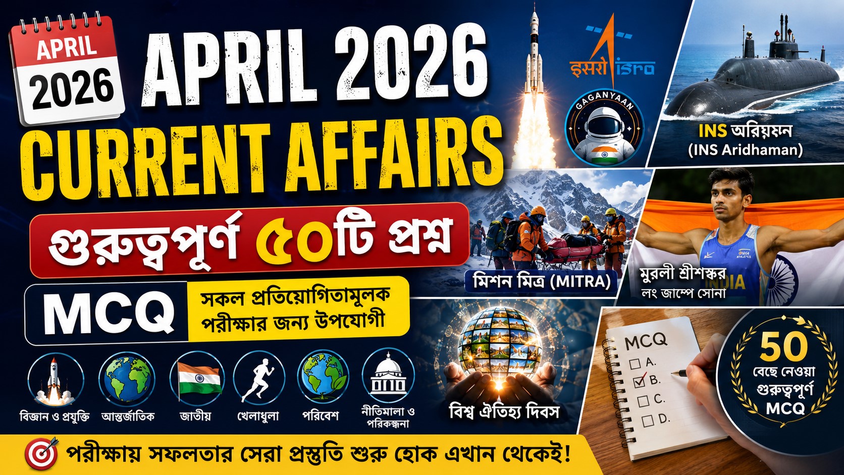 April Current Affairs 2026 MCQ Update : এপ্রিল মাসের ৫০টি গুরুত্বপূর্ণ প্রশ্ন ও উত্তরের সম্পূর্ণ ব্লগ সংকলন