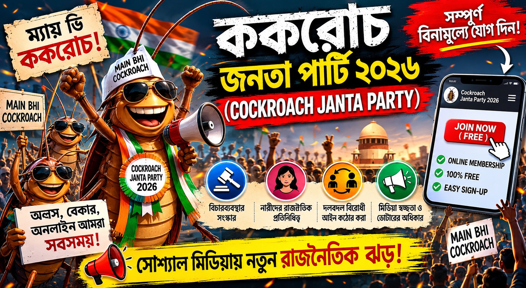 Cockroach Janta Party 2026 Registration: অনলাইনে সম্পূর্ণ বিনামূল্যে আরশোলা বাহিনীর সদস্য হওয়ার সহজ পদ্ধতি ও নির্দেশিকা