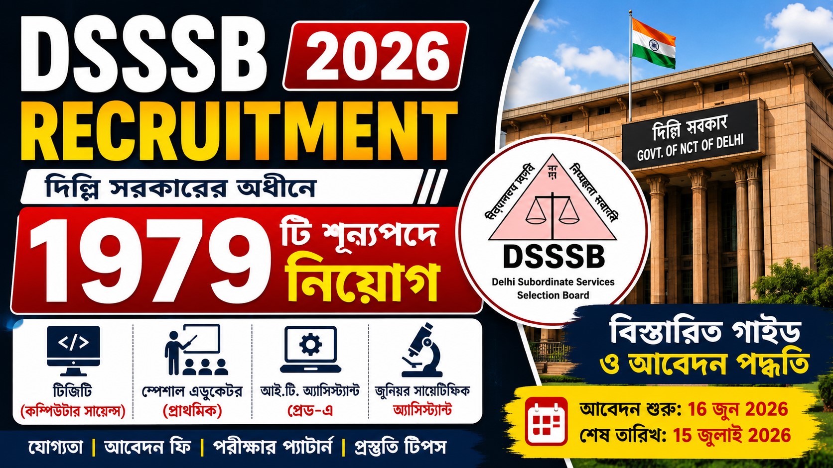 DSSSB Recruitment 2026: দিল্লি সরকারের ১৯৭৯টি শূন্যপদে নিয়োগ, অনলাইন আবেদন ও সম্পূর্ণ গাইডলাইন দেখুন এখানে