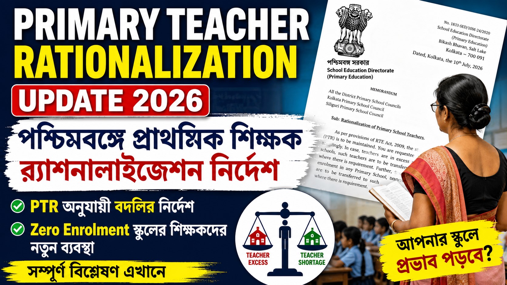 Primary Teacher Rationalization Update 2026: পশ্চিমবঙ্গে প্রাথমিক শিক্ষক র‍্যাশনালাইজেশন নির্দেশে বদলি, PTR ও Zero Enrolment-এর সম্পূর্ণ বিশ্লেষণ