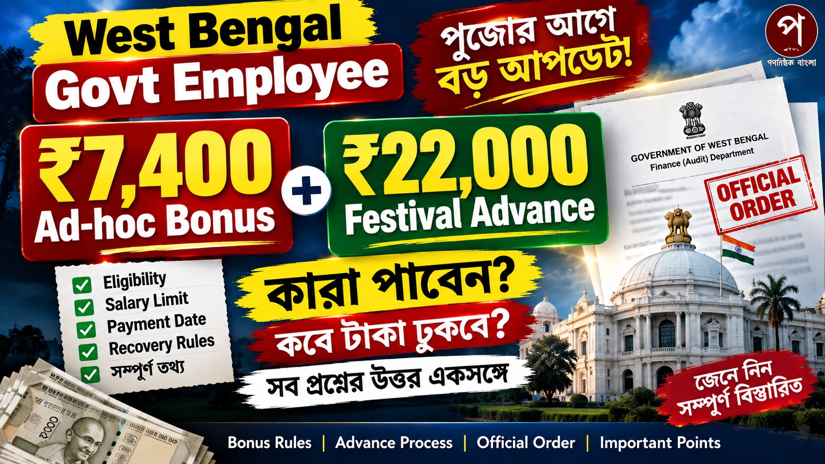 West Bengal Govt Employee Bonus 2026: ₹7,400 Ad-hoc Bonus ও ₹22,000 Festival Advance